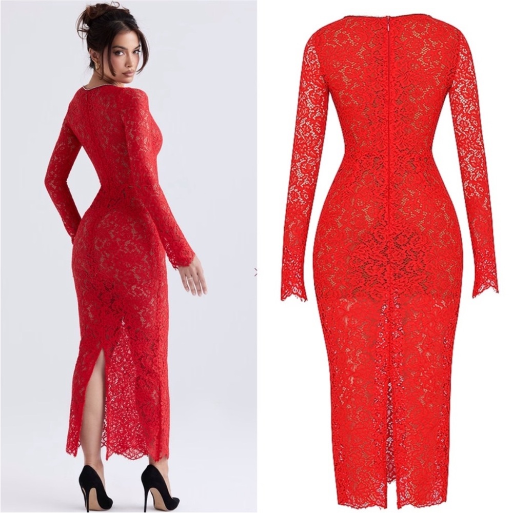 NEW House of CB Lisandra Lace Maxi Dress Red Crystal Trim Cutout Long Sleeve XS - Picture 12 of 15